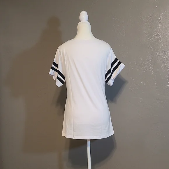 Cute Womens Small White Graphic Tee with Black Stripes and Relaxed Fit NWOT - Picture 3 of 9